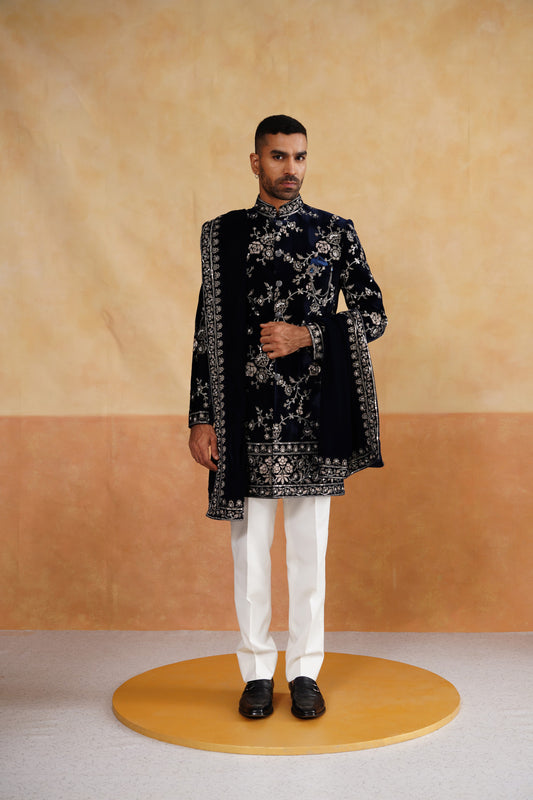 Blue Hand Work Beads and Sequins Indowestern on Velvet With Stole