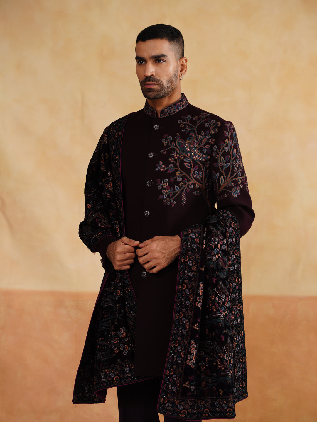 Maroon Indowestern with Zardozi and Thread Work on Stole