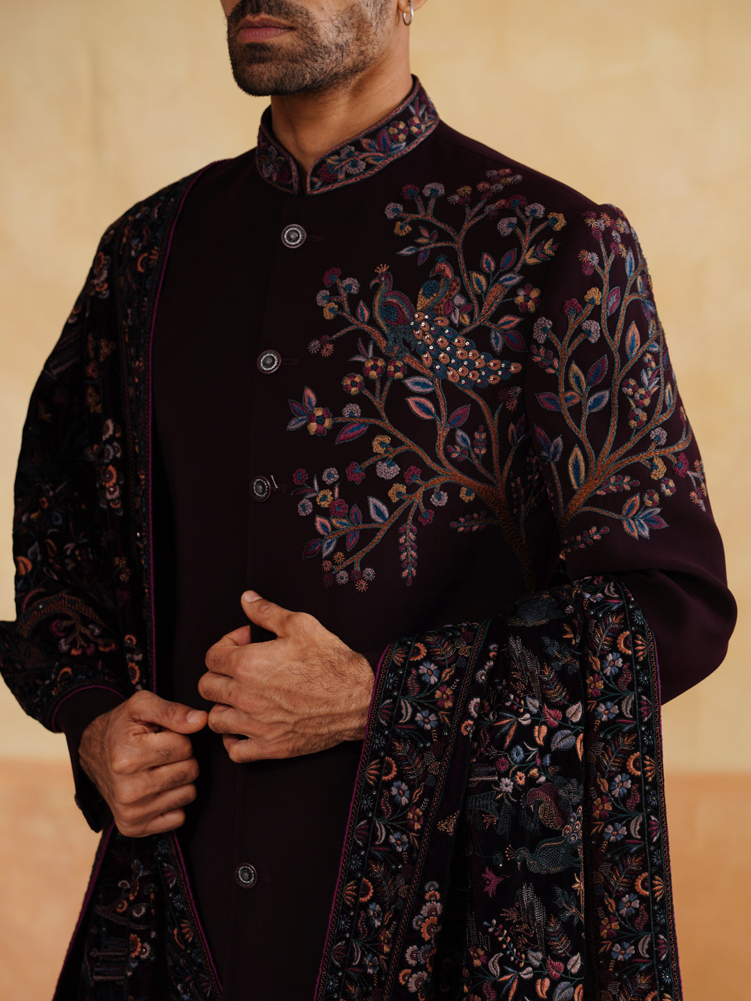 Maroon Indowestern with Zardozi and Thread Work on Stole