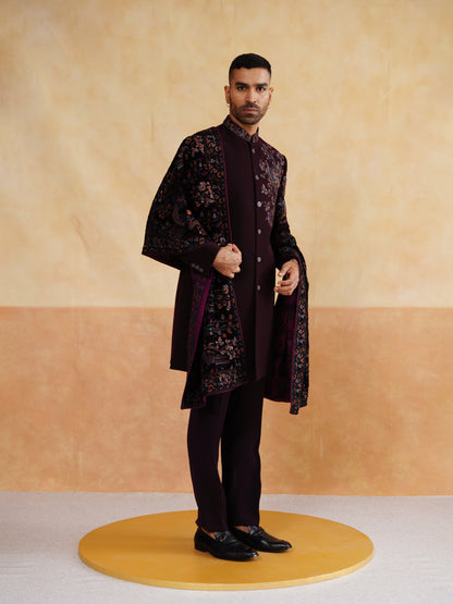 Maroon Indowestern with Zardozi and Thread Work on Stole