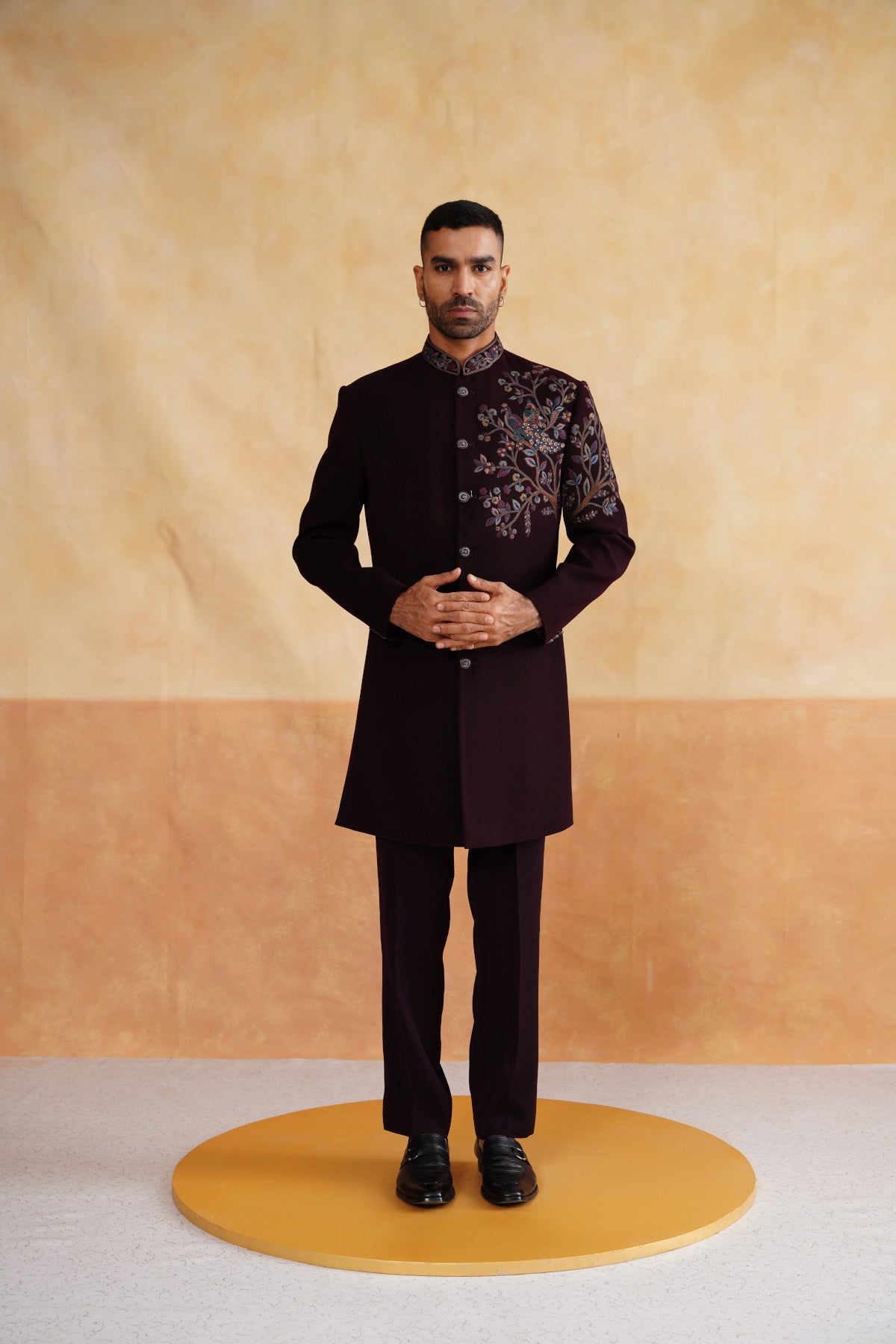 Maroon Hand Embroidered Indo Western for Men on Silk