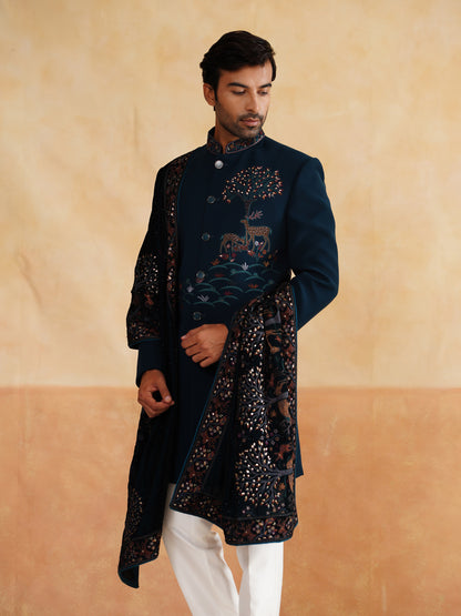 Blue Zardozi and Thread Embroidery Indowestern with Stole
