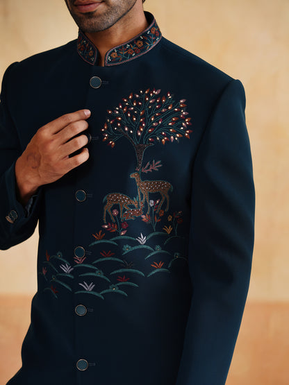 Blue Zardozi and Thread Embroidery Indowestern with Stole