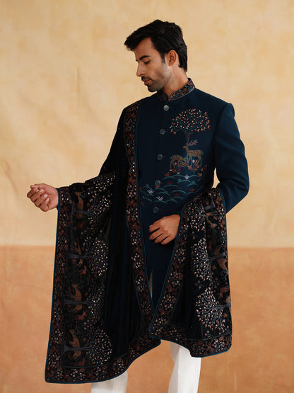 Blue Zardozi and Thread Embroidery Indowestern with Stole