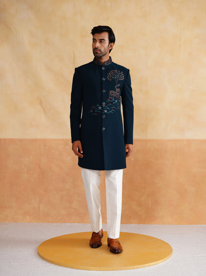 Blue Zardozi and Thread Embroidery Indowestern with Stole