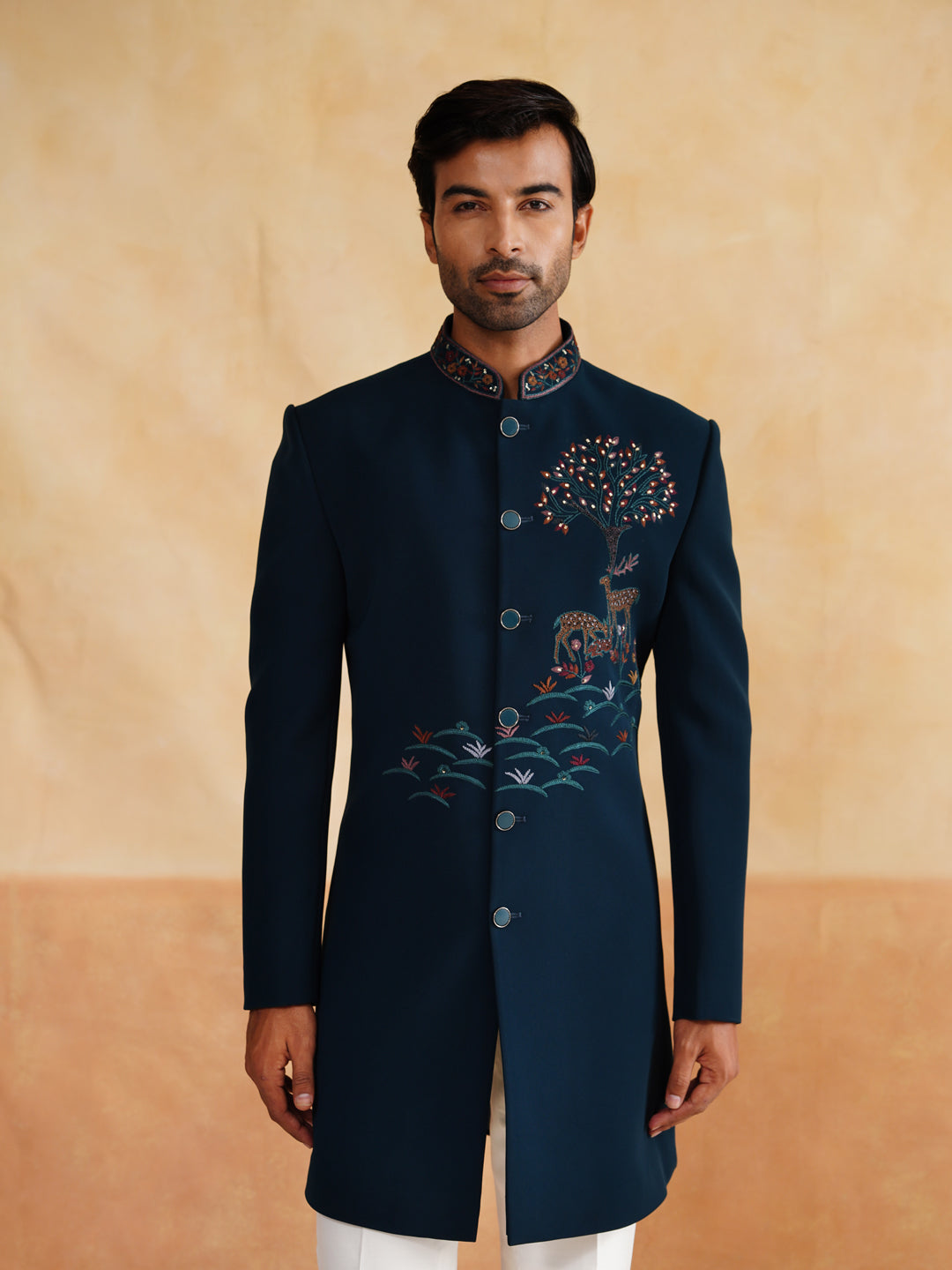 Blue Zardozi and Thread Embroidery Indowestern with Stole