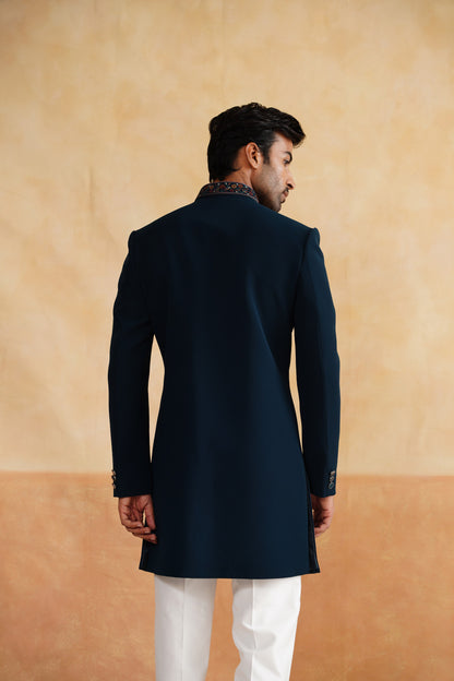 Teal Hand Embroidered Indo Western for Men with Stole | Designer Indo Western Wear