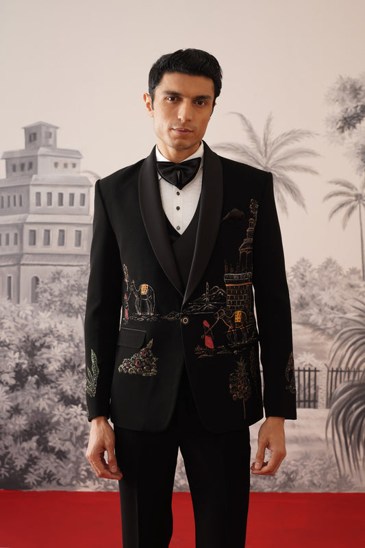 Black Scenic Hand Painted And Embroidered Tuxedo