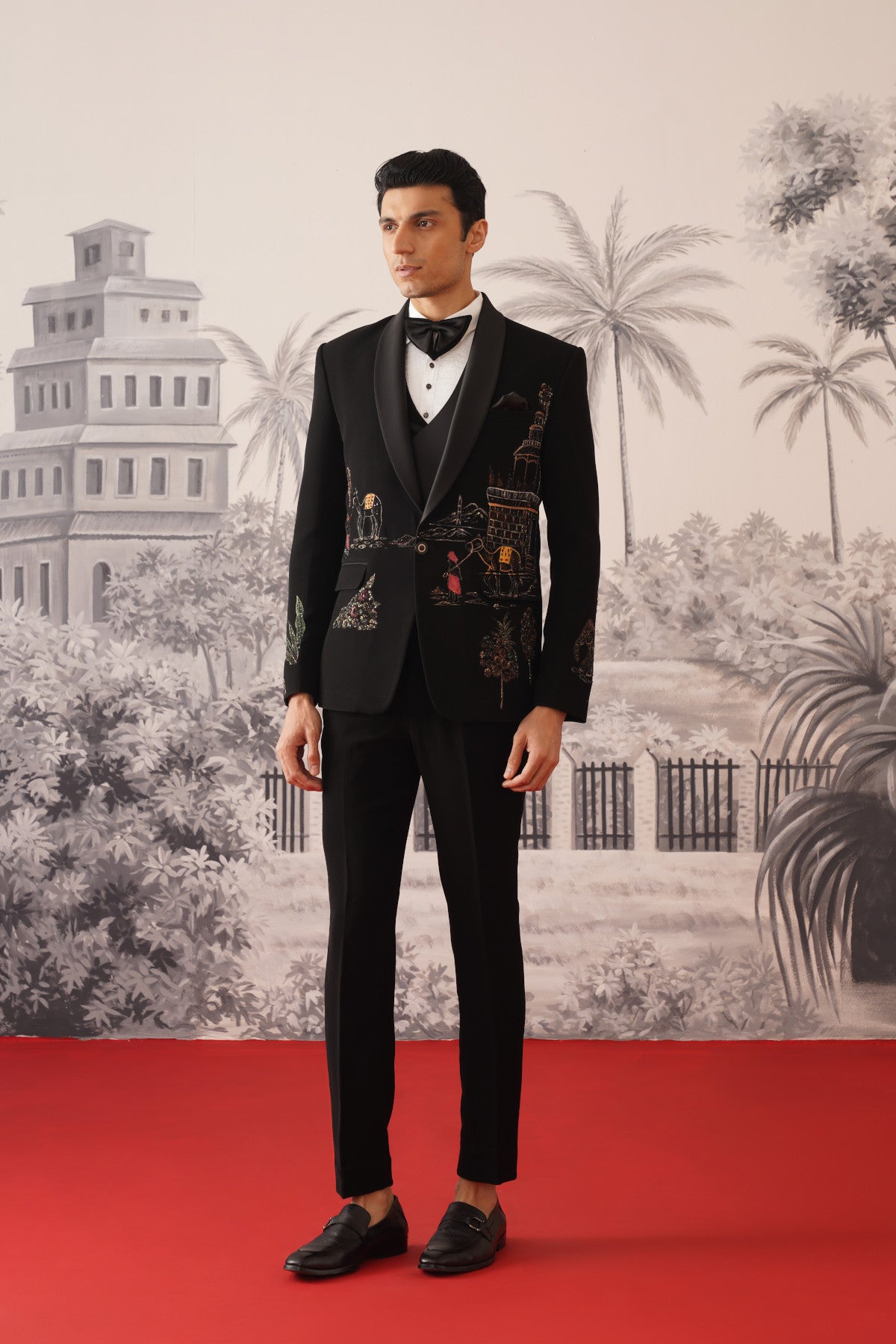 Black Scenic Hand Painted And Embroidered Tuxedo