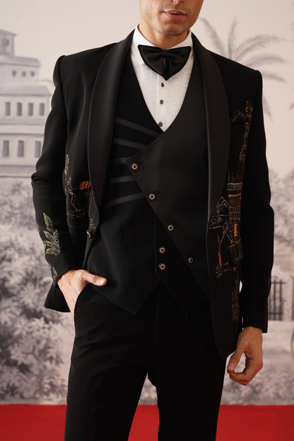 Black Scenic Hand Painted And Embroidered Tuxedo