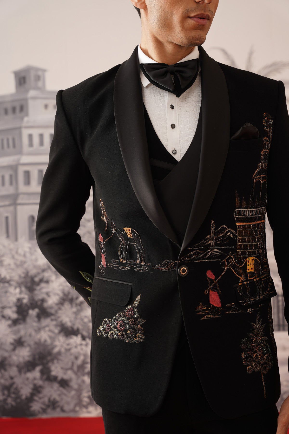 Black Scenic Hand Painted And Embroidered Tuxedo