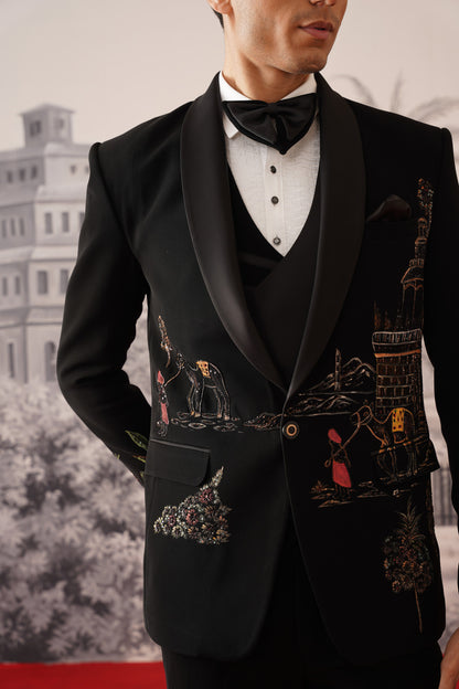 Black Scenic Hand Painted And Embroidered Tuxedo