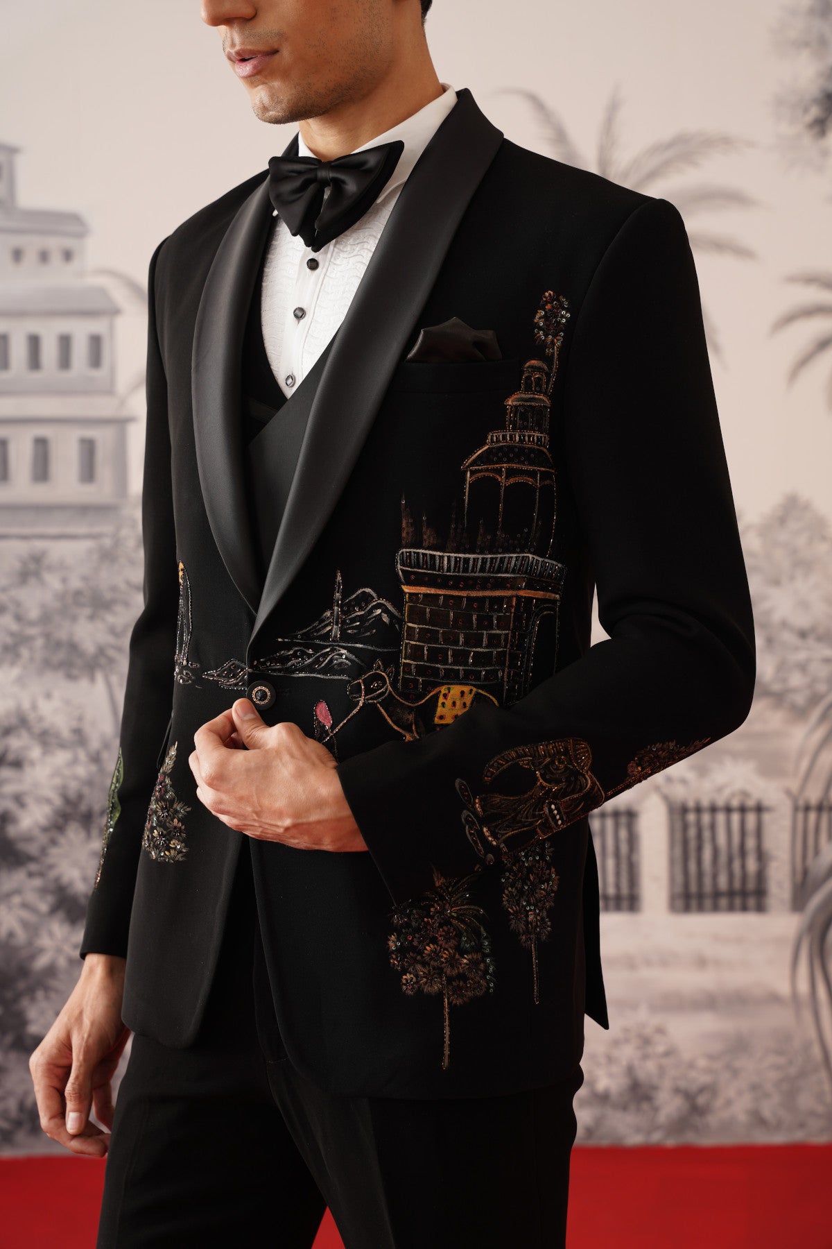 Black Scenic Hand Painted And Embroidered Tuxedo