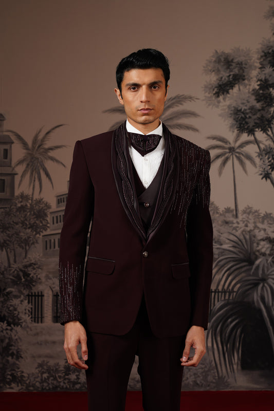 Deep Wine Tuxedo Suit With Corded Lapel & Linear Embroidery