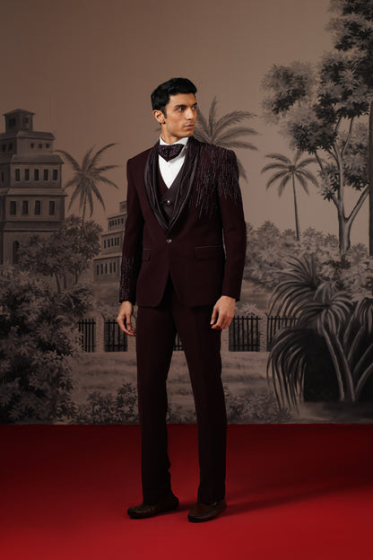 Deep Wine Tuxedo Suit With Corded Lapel & Linear Embroidery