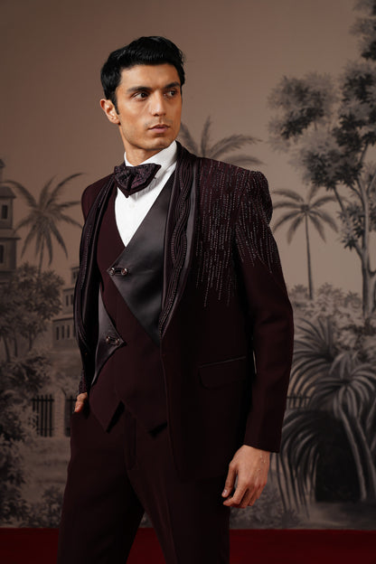 Deep Wine Tuxedo Suit With Corded Lapel & Linear Embroidery