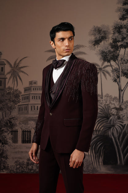 Deep Wine Tuxedo Suit With Corded Lapel & Linear Embroidery
