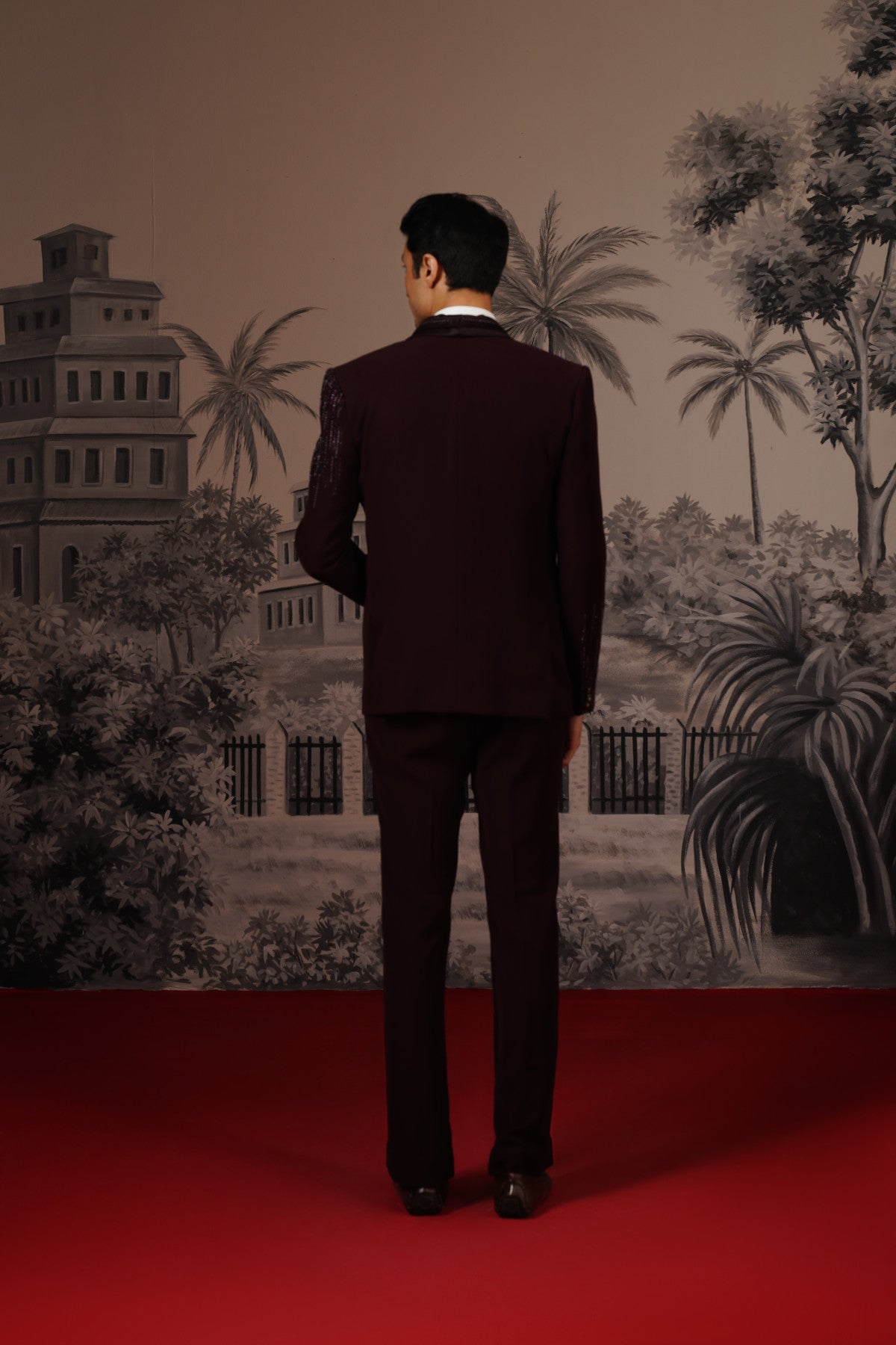Deep Wine Tuxedo Suit With Corded Lapel & Linear Embroidery