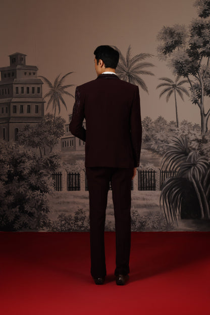 Deep Wine Tuxedo Suit With Corded Lapel & Linear Embroidery