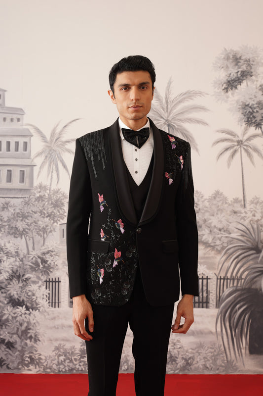 Black Tuxedo Suit With Colorful Hummingbird Embroidery