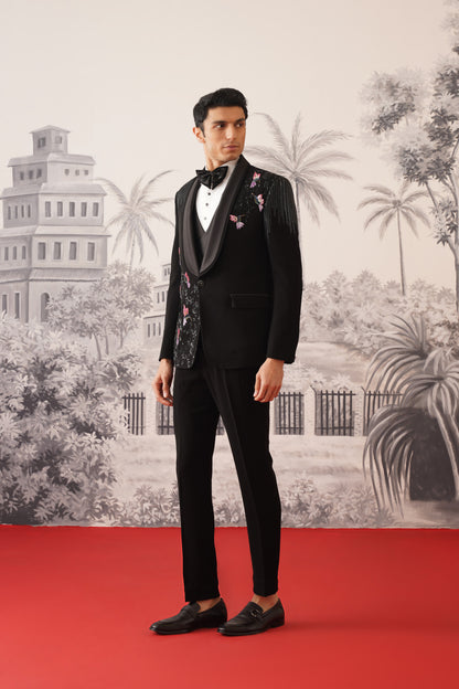 Black Tuxedo Suit With Colorful Hummingbird Embroidery