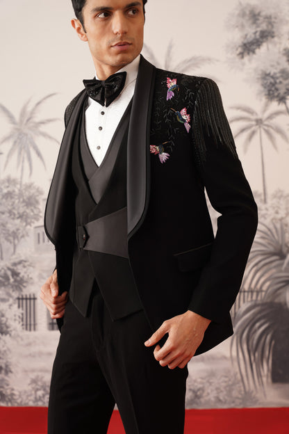 Black Tuxedo Suit With Colorful Hummingbird Embroidery