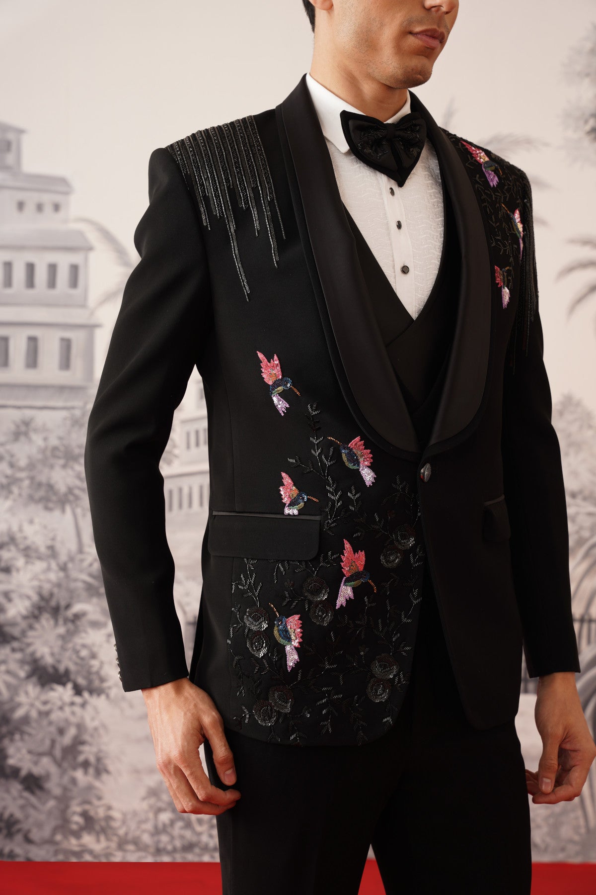 Black Tuxedo Suit With Colorful Hummingbird Embroidery