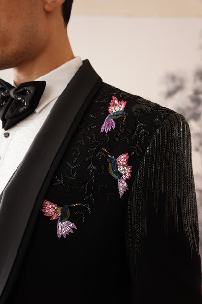 Black Tuxedo Suit With Colorful Hummingbird Embroidery