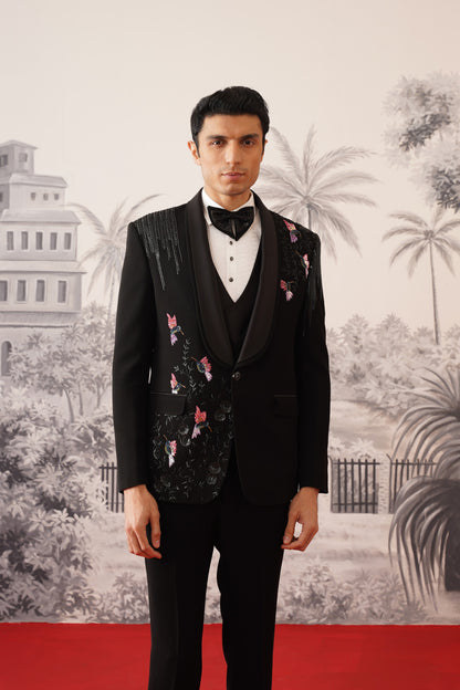 Black Tuxedo Suit With Colorful Hummingbird Embroidery