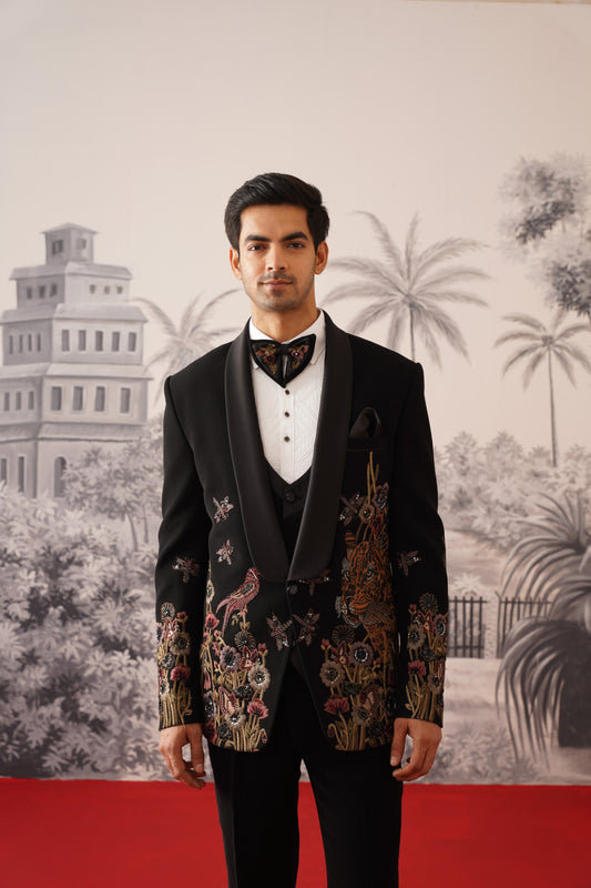 Black Designer Tuxedo With Tiger & Floral Artistry