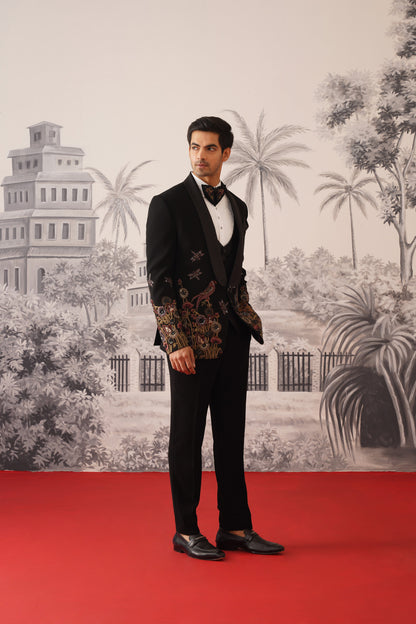 Black Designer Tuxedo With Tiger & Floral Artistry