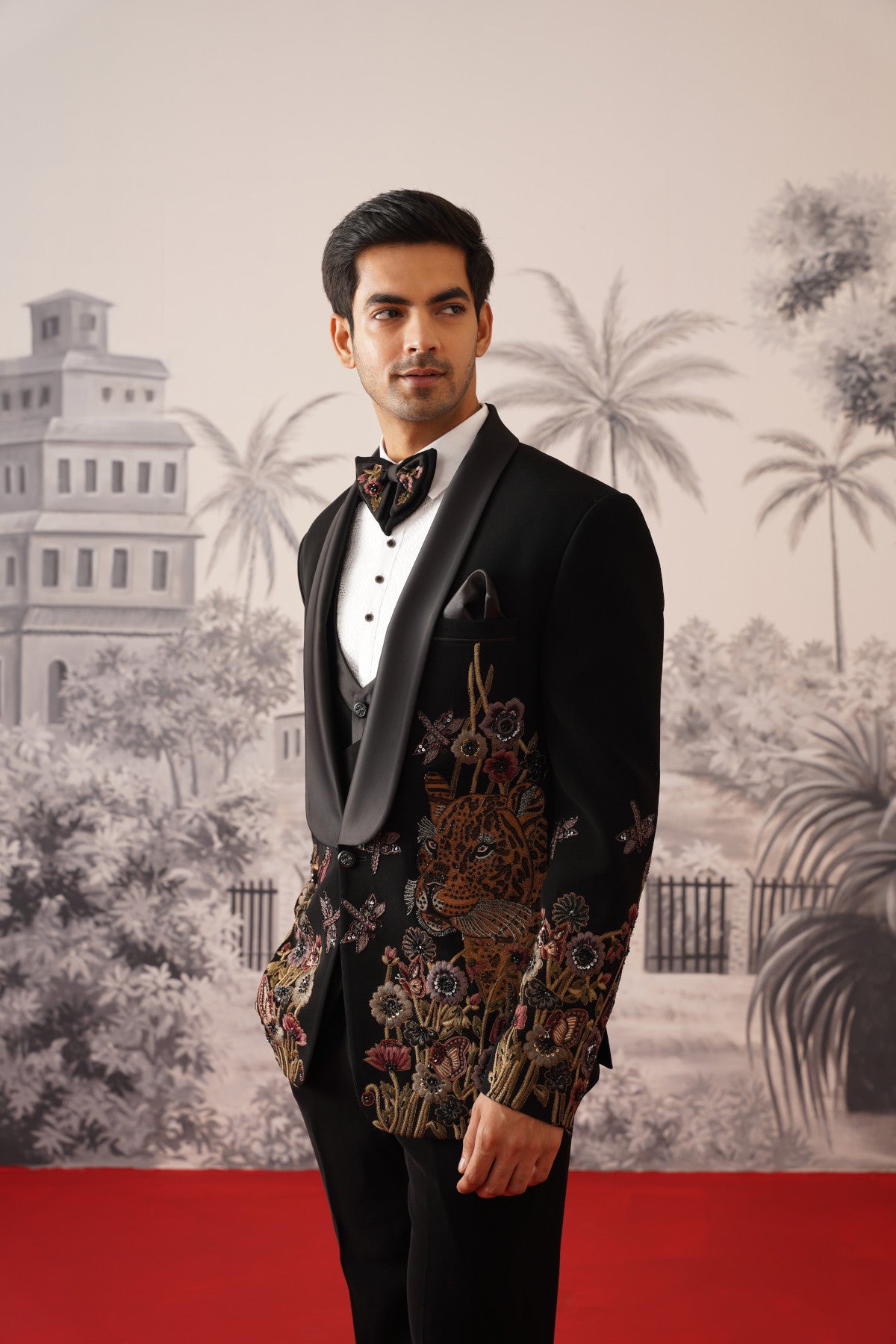 Black Designer Tuxedo With Tiger & Floral Artistry