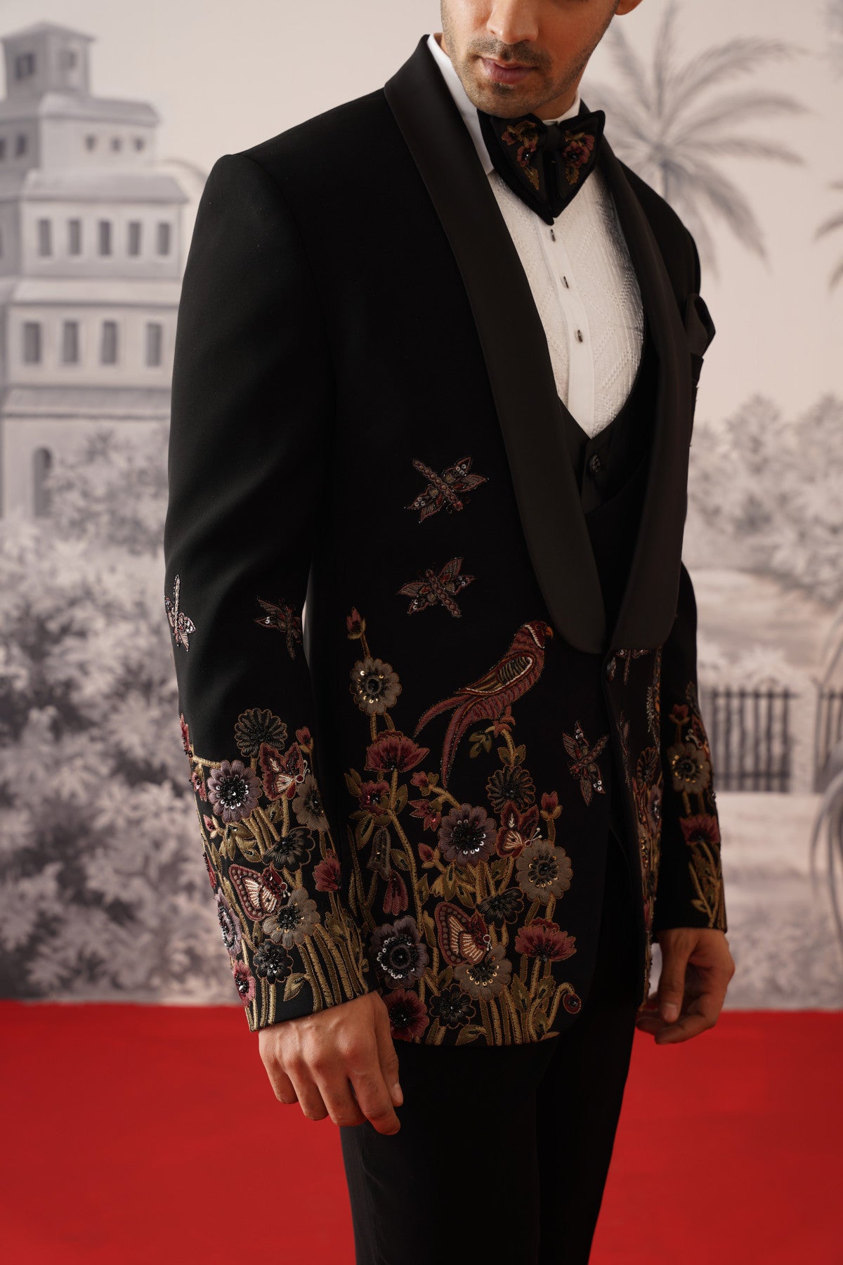 Black Designer Tuxedo With Tiger & Floral Artistry