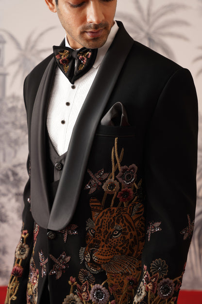 Black Designer Tuxedo With Tiger & Floral Artistry