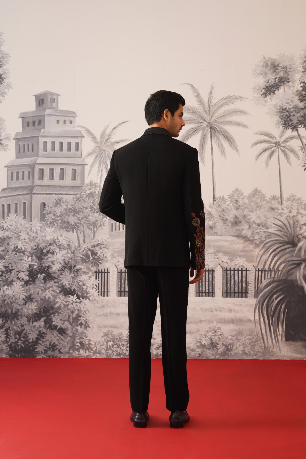 Black Designer Tuxedo With Tiger & Floral Artistry