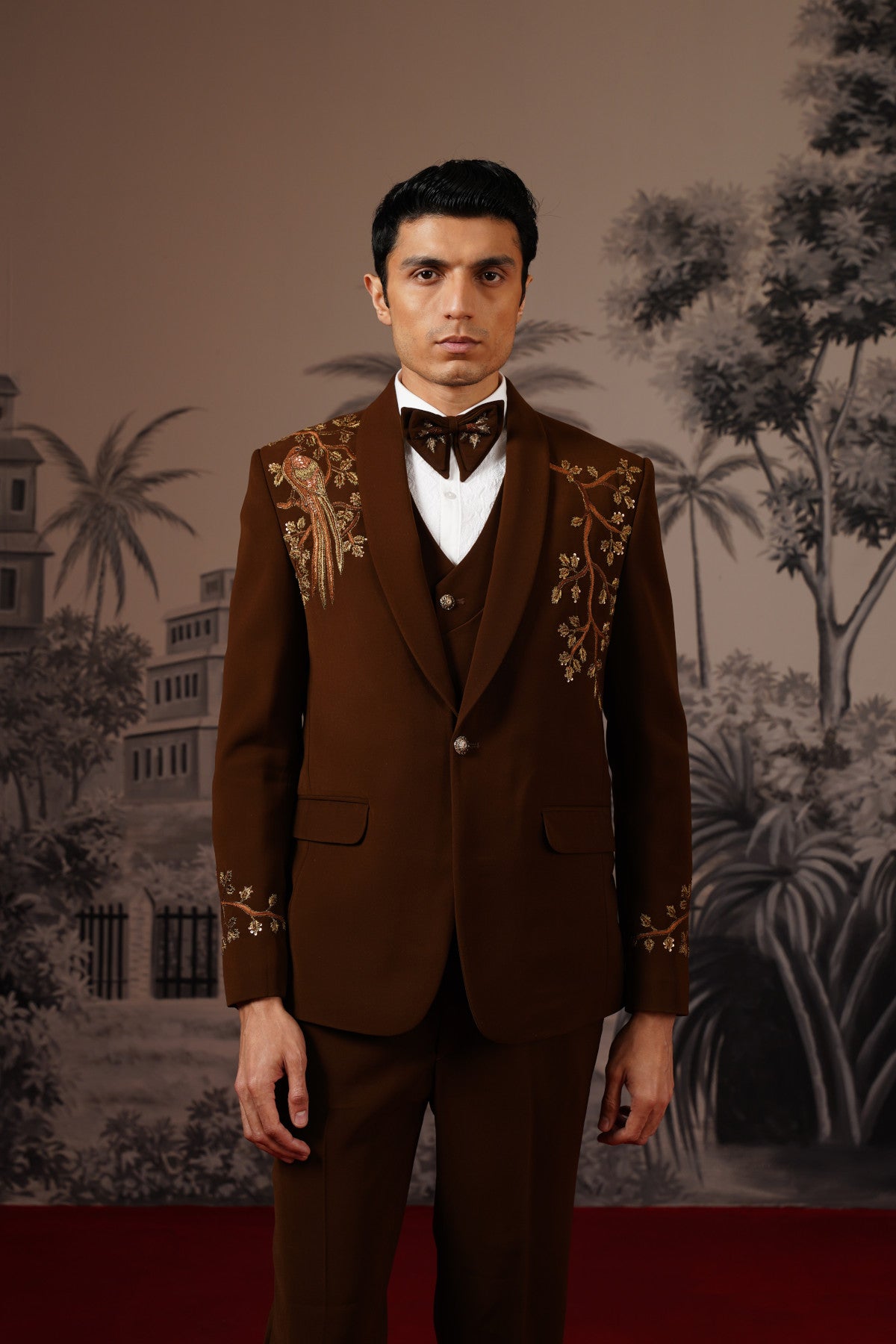 Brown Tuxedo With Golden Hand Embroidery