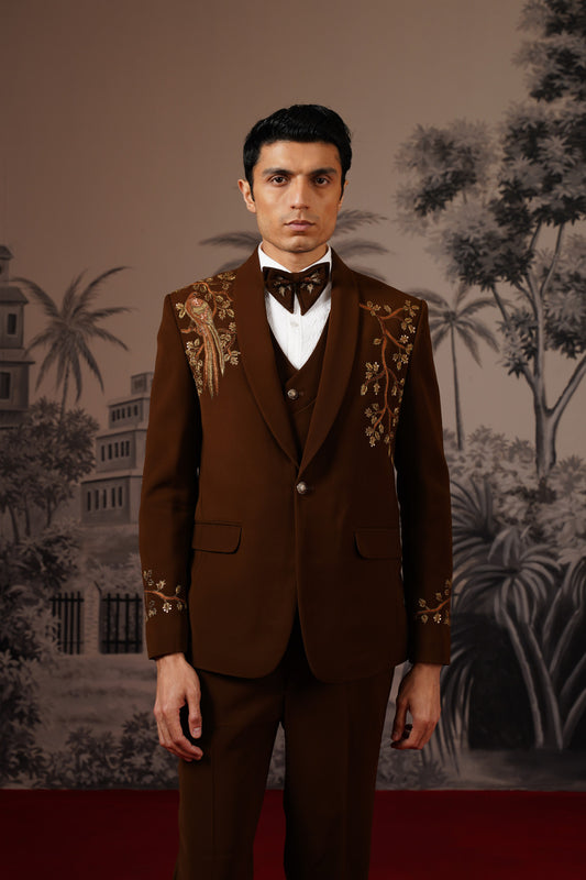 Brown Tuxedo With Golden Hand Embroidery