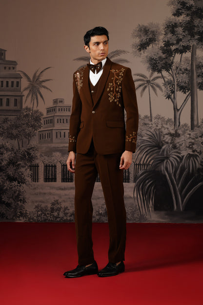 Brown Tuxedo With Golden Hand Embroidery