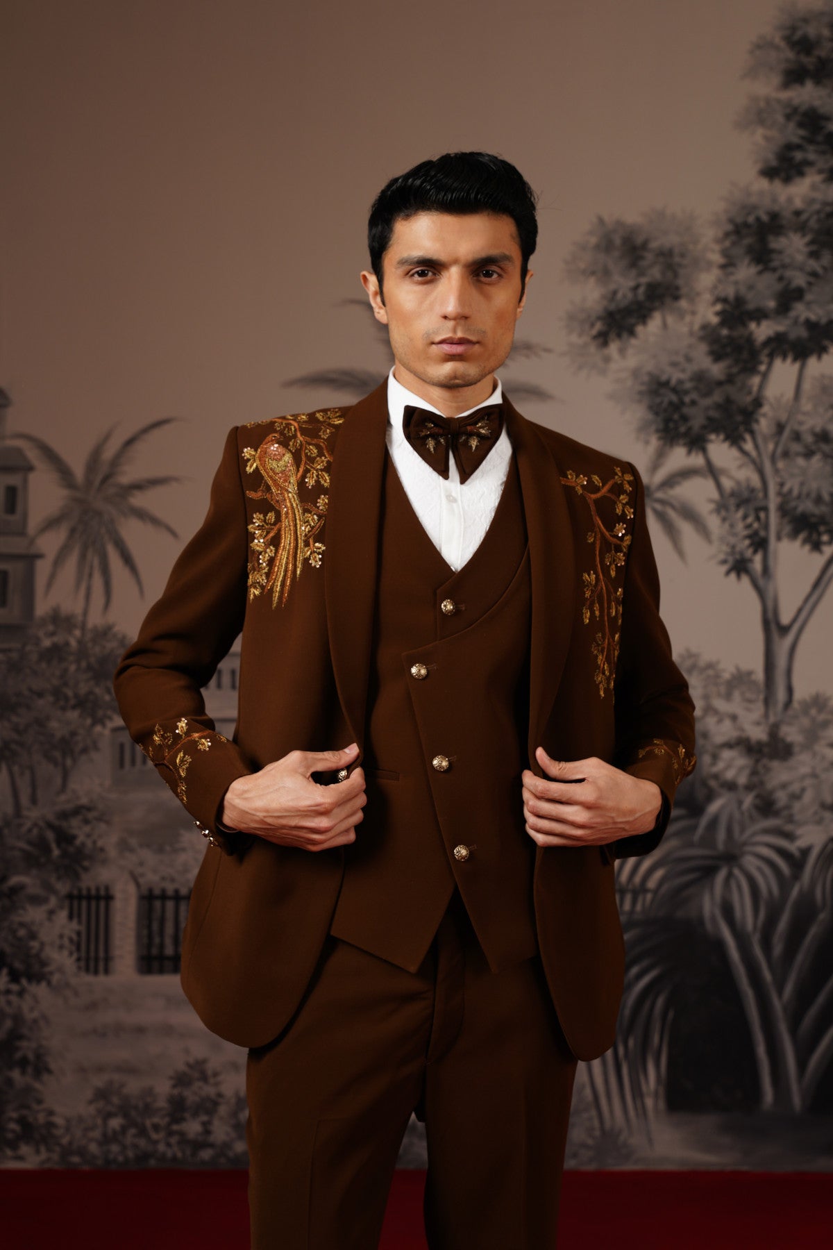 Brown Tuxedo With Golden Hand Embroidery