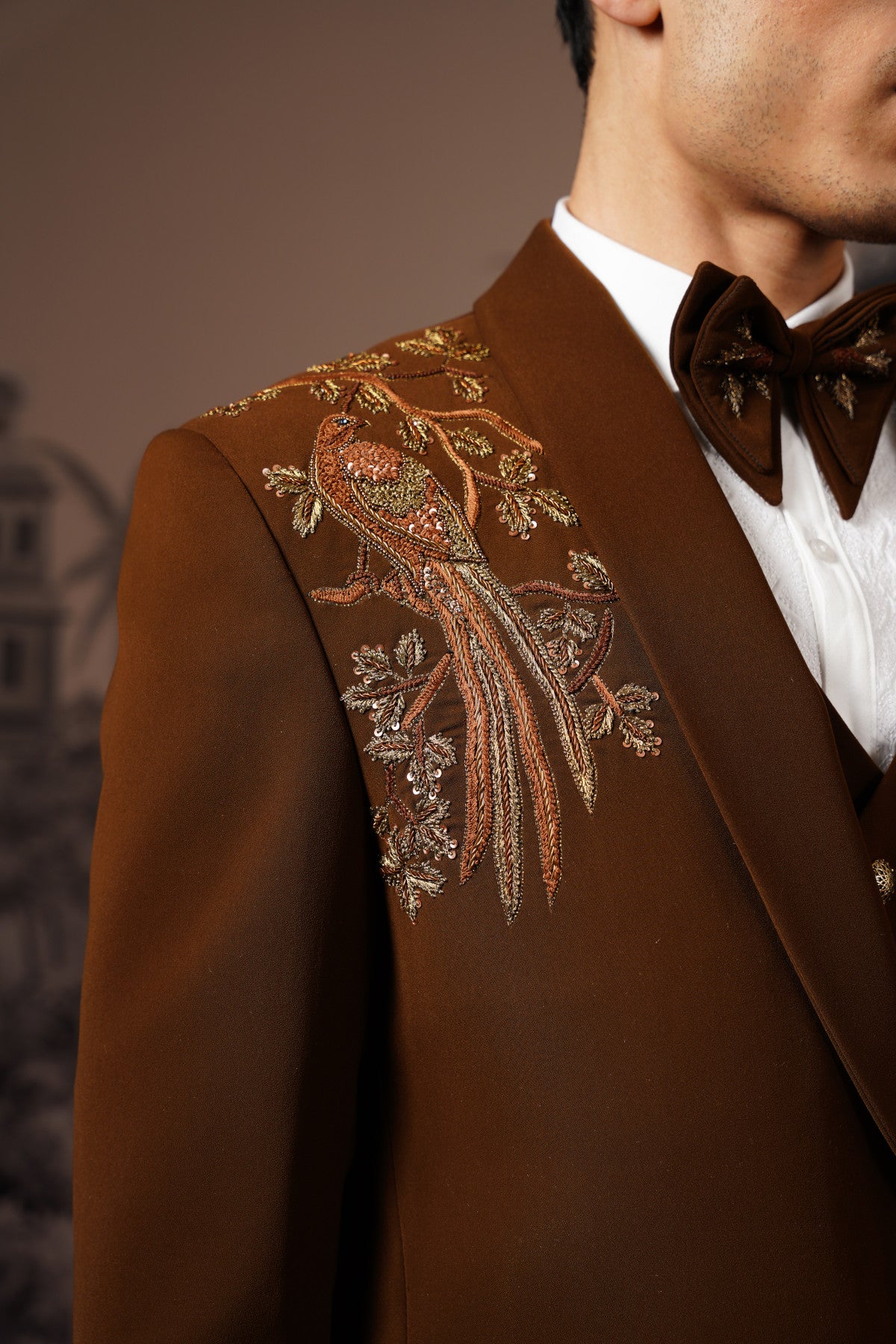 Brown Tuxedo With Golden Hand Embroidery