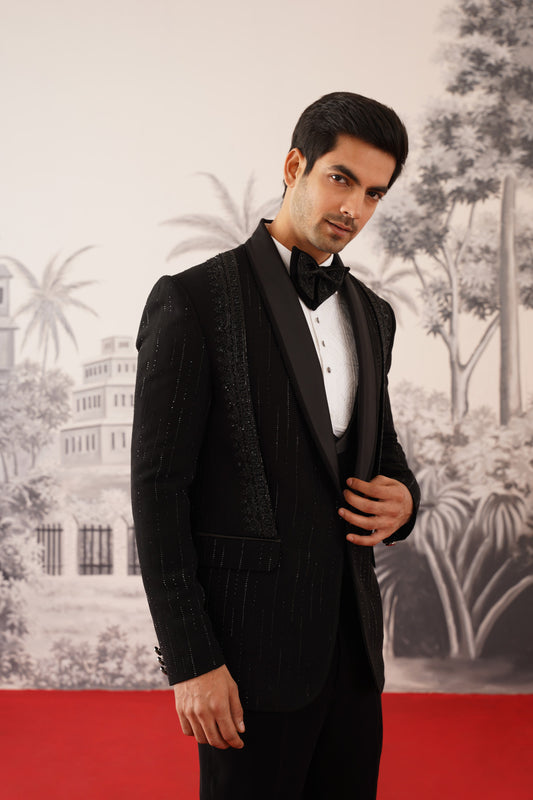 Black Tuxedo Suit With Shimmer Pinstripes & Crystal Shoulder Panels