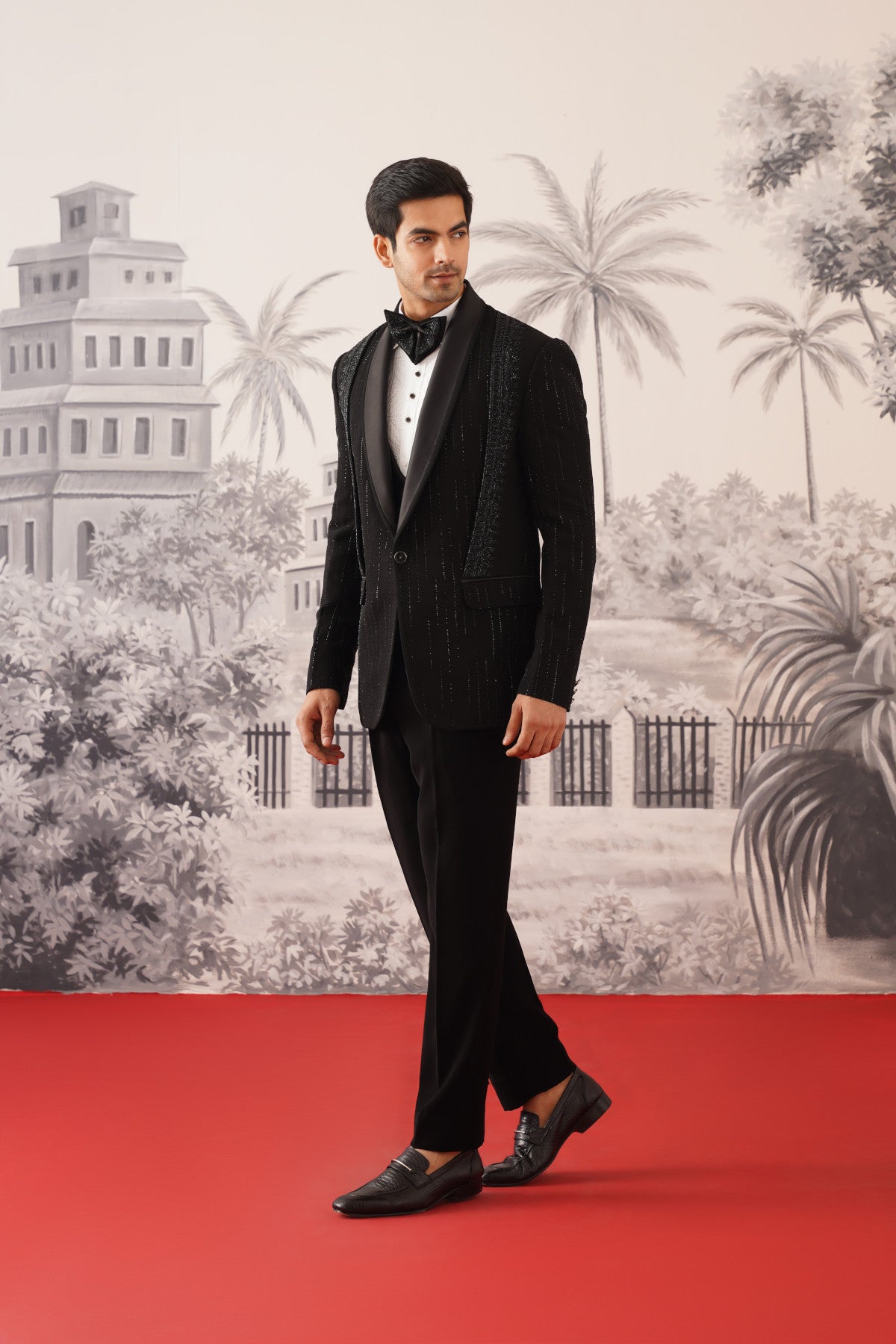 Black Tuxedo Suit With Shimmer Pinstripes & Crystal Shoulder Panels