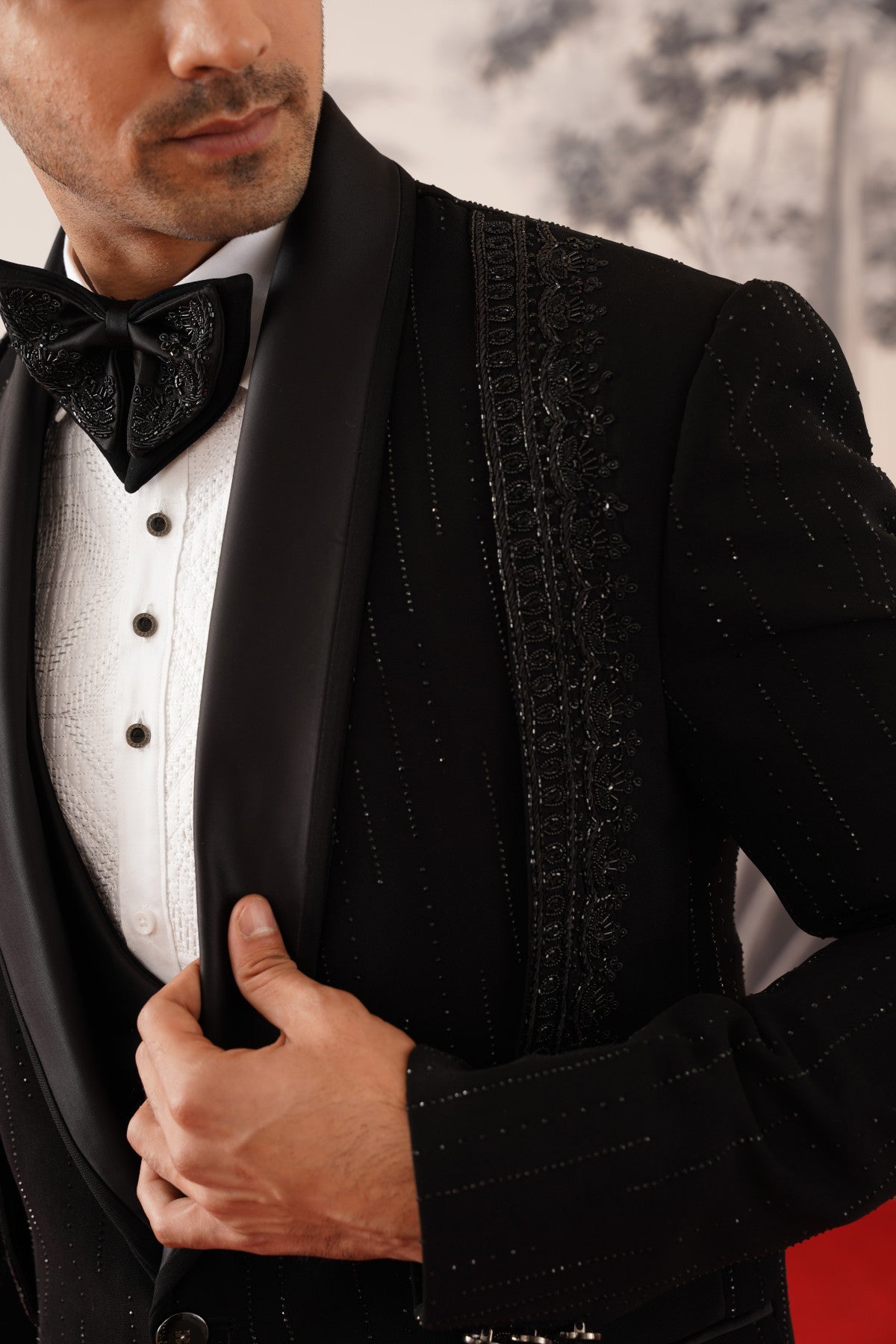 Black Tuxedo Suit With Shimmer Pinstripes & Crystal Shoulder Panels