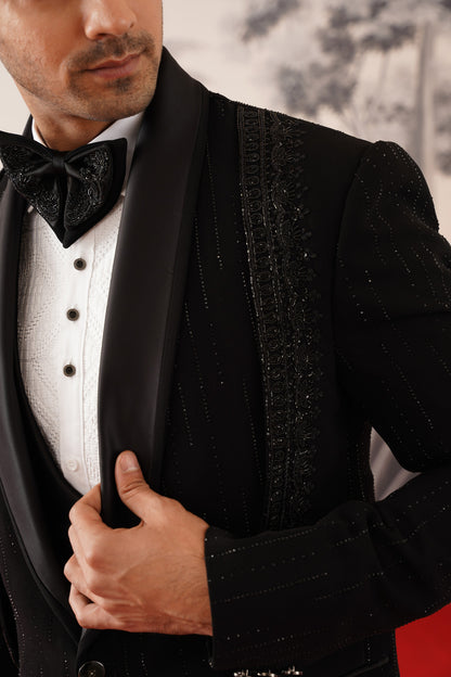 Black Tuxedo Suit With Shimmer Pinstripes & Crystal Shoulder Panels