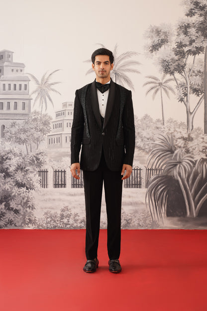 Black Tuxedo Suit With Shimmer Pinstripes & Crystal Shoulder Panels