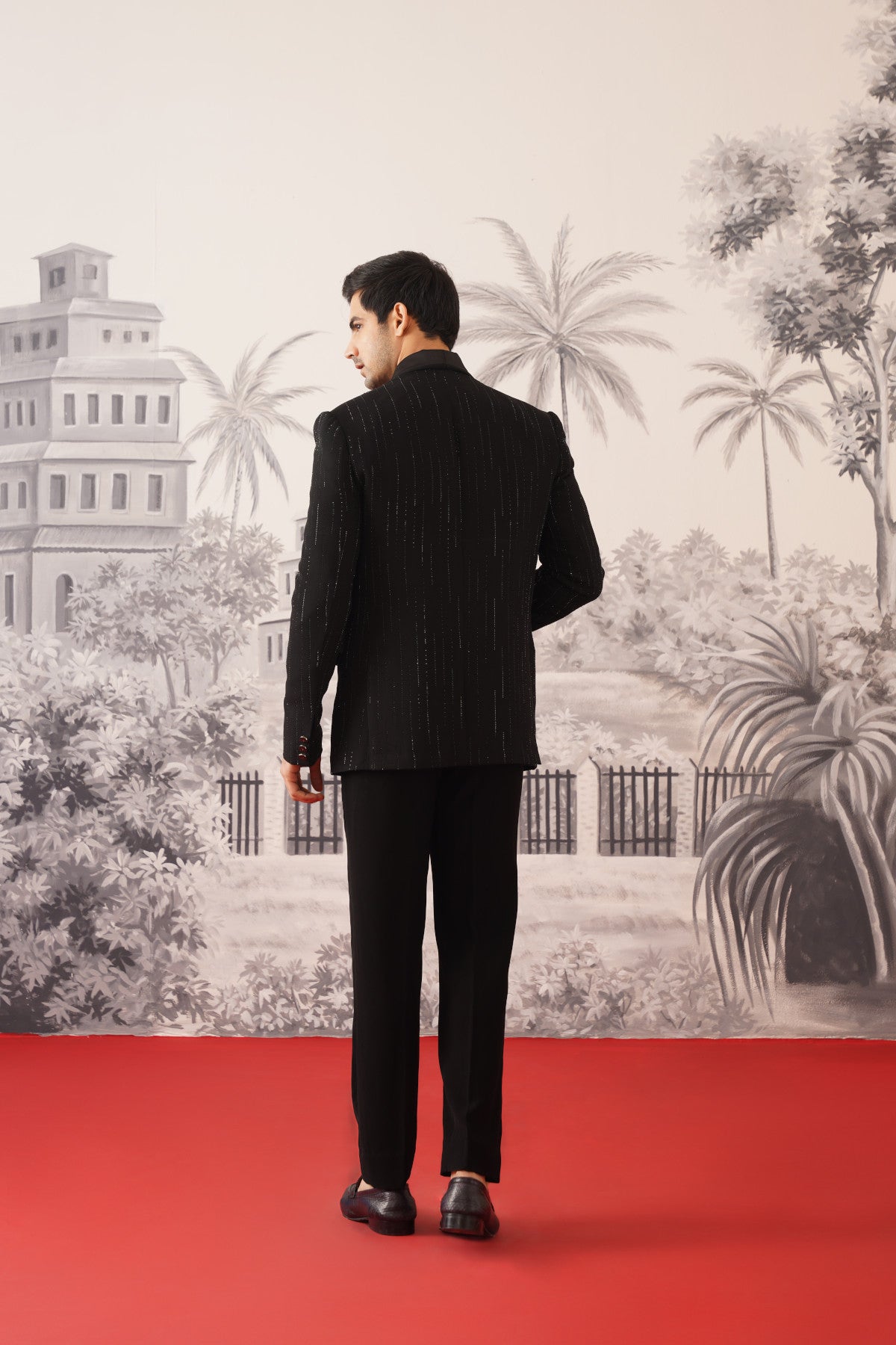 Black Tuxedo Suit With Shimmer Pinstripes & Crystal Shoulder Panels