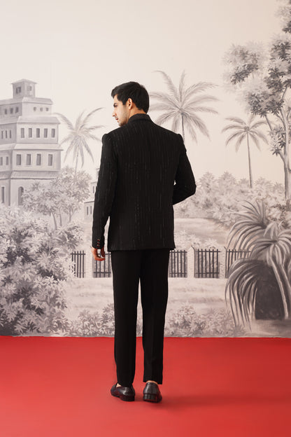 Black Tuxedo Suit With Shimmer Pinstripes & Crystal Shoulder Panels