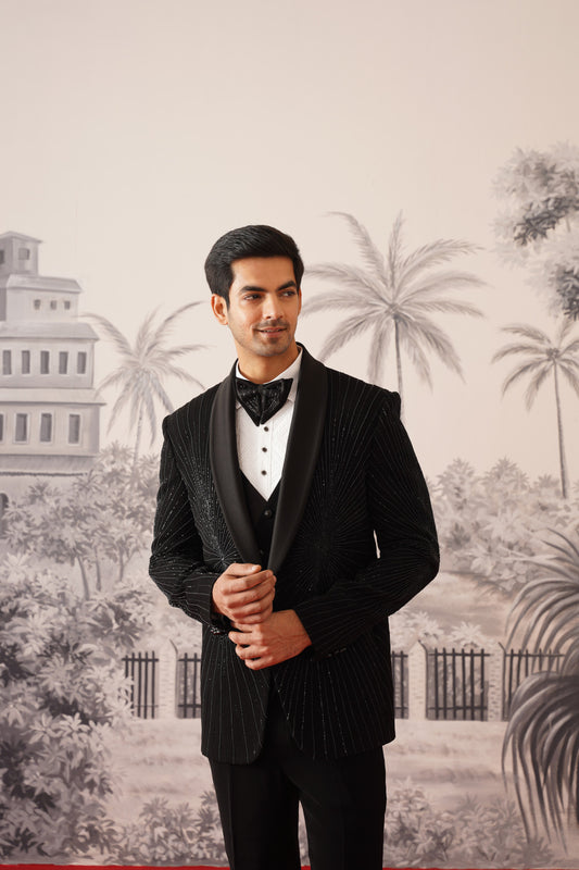 Black Tuxedo Suit With Radiating Crystal Sunburst Embroidery
