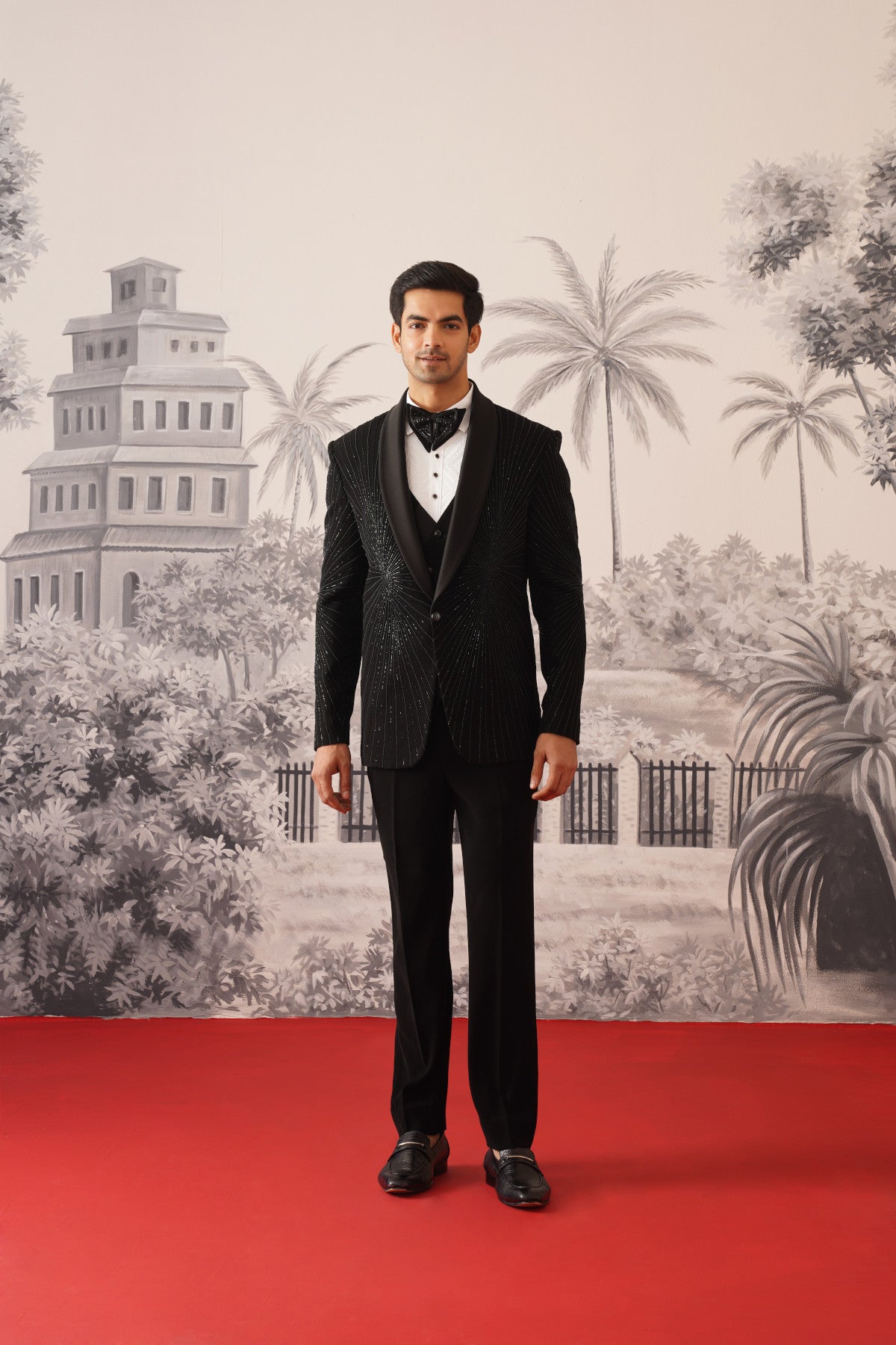 Black Tuxedo Suit With Radiating Crystal Sunburst Embroidery