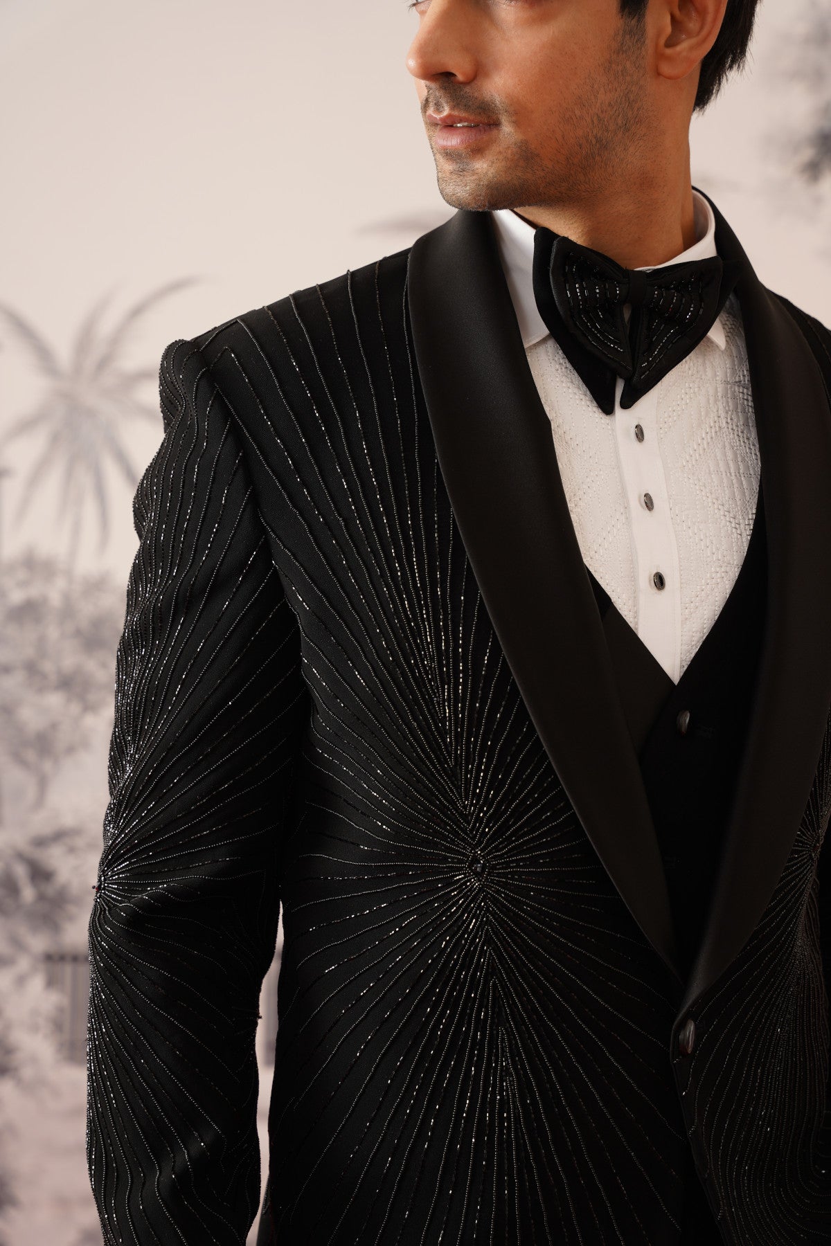 Black Tuxedo Suit With Radiating Crystal Sunburst Embroidery